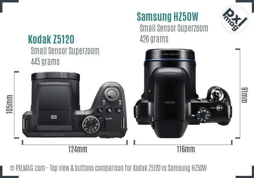 Kodak Z5120 vs Samsung HZ50W top view buttons comparison
