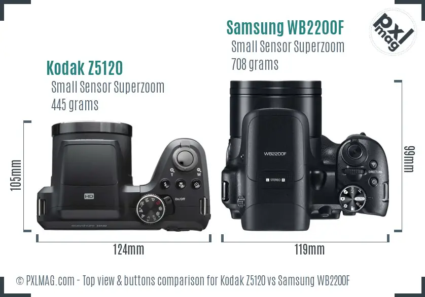 Kodak Z5120 vs Samsung WB2200F top view buttons comparison Kodak Z5120 vs Samsung WB2200F top view buttons comparison