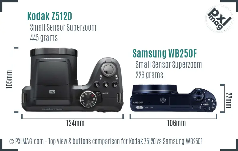 Kodak Z5120 vs Samsung WB250F top view buttons comparison Kodak Z5120 vs Samsung WB250F top view buttons comparison