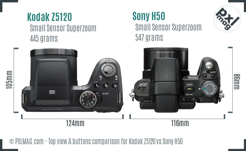 Kodak Z5120 vs Sony H50 top view buttons comparison Kodak Z5120 vs Sony H50 top view buttons comparison