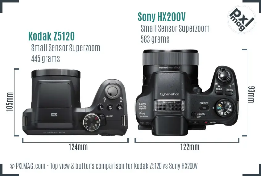 Kodak Z5120 vs Sony HX200V top view buttons comparison