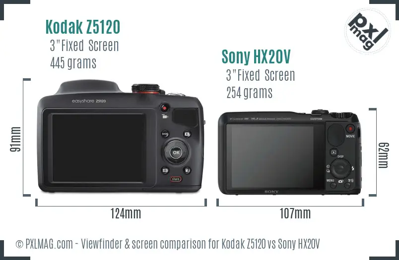 Kodak Z5120 vs Sony HX20V Screen and Viewfinder comparison