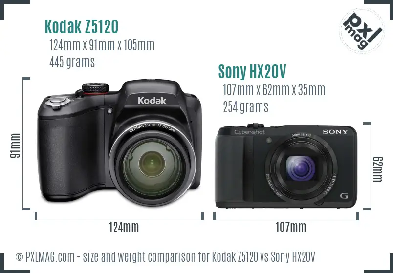 Kodak Z5120 vs Sony HX20V size comparison