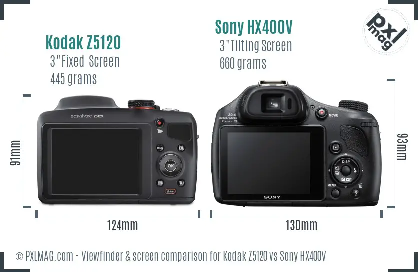Kodak Z5120 vs Sony HX400V Screen and Viewfinder comparison
