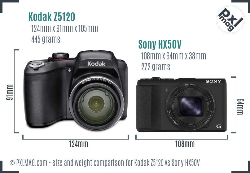 Kodak Z5120 vs Sony HX50V size comparison