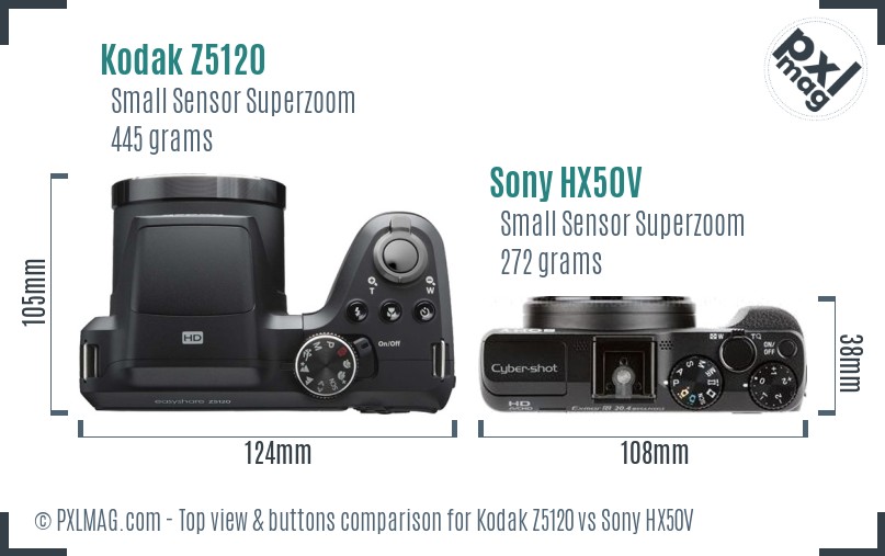 Kodak Z5120 vs Sony HX50V top view buttons comparison