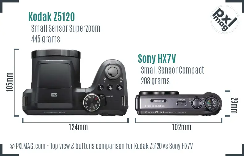 Kodak Z5120 vs Sony HX7V top view buttons comparison