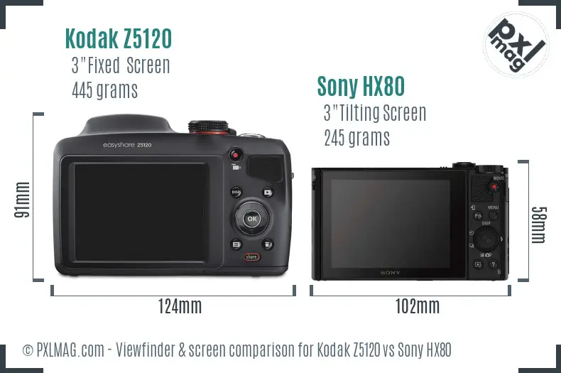 Kodak Z5120 vs Sony HX80 Screen and Viewfinder comparison