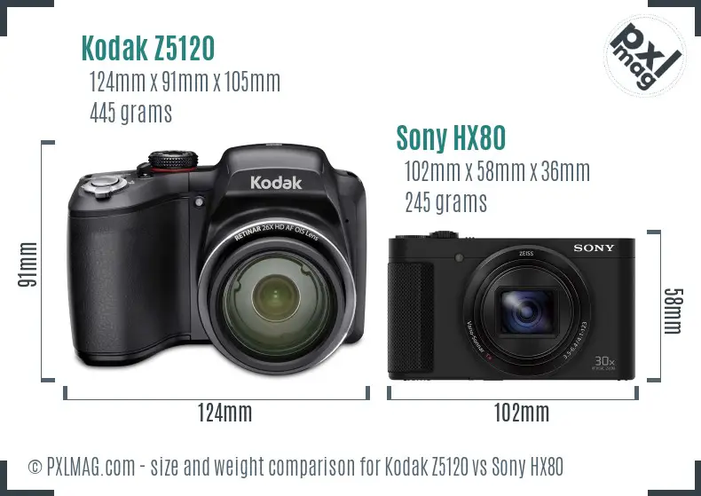 Kodak Z5120 vs Sony HX80 size comparison