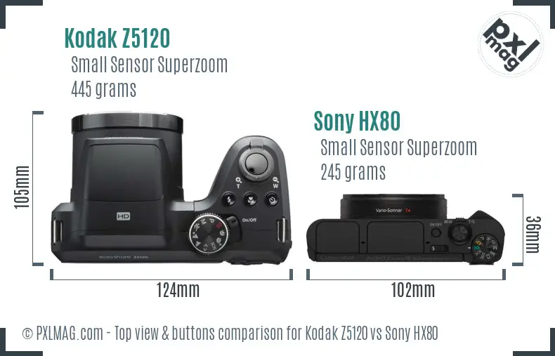 Kodak Z5120 vs Sony HX80 top view buttons comparison