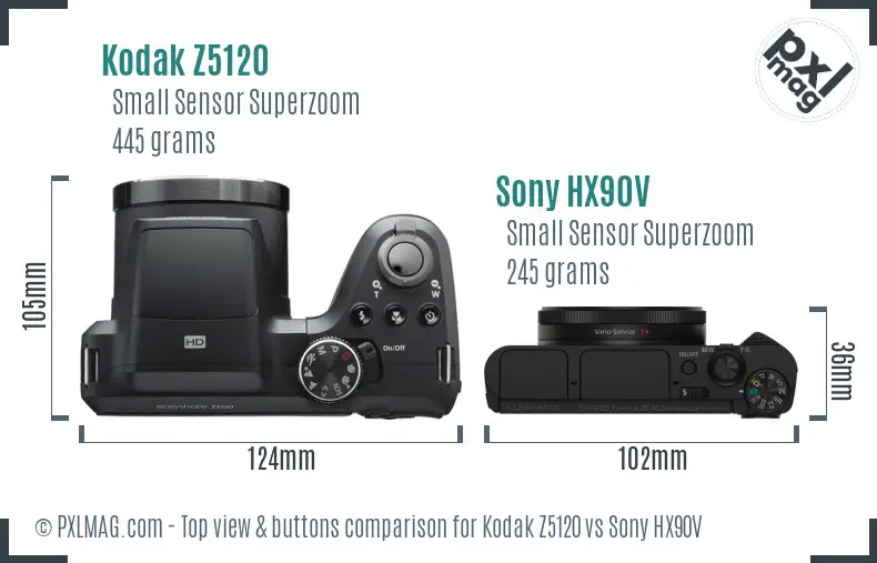 Kodak Z5120 vs Sony HX90V top view buttons comparison Kodak Z5120 vs Sony HX90V top view buttons comparison