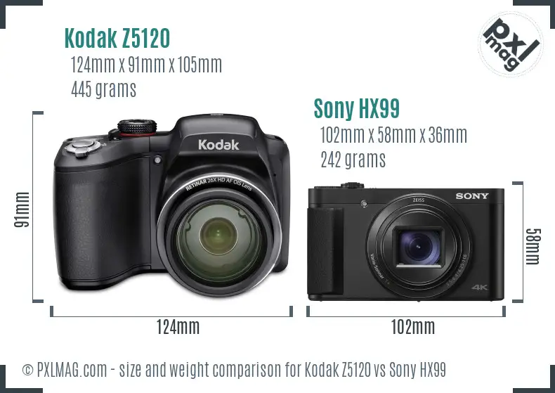 Kodak Z5120 vs Sony HX99 size comparison
