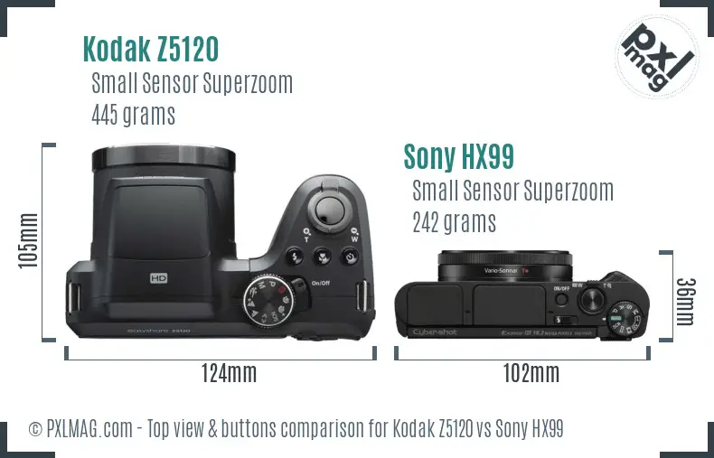 Kodak Z5120 vs Sony HX99 top view buttons comparison