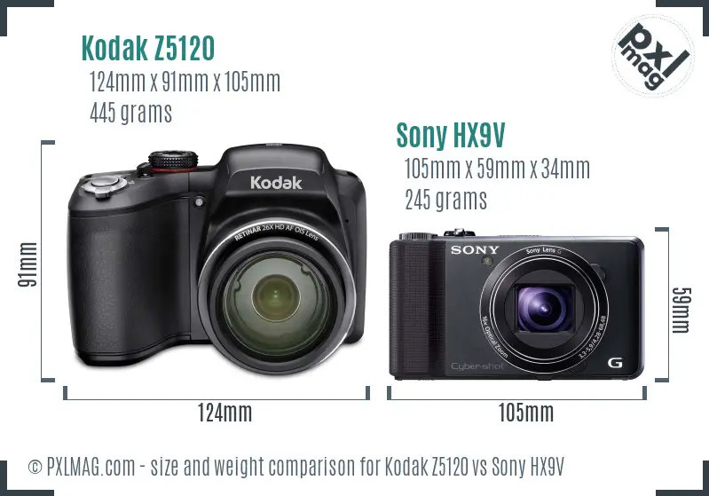 Kodak Z5120 vs Sony HX9V size comparison