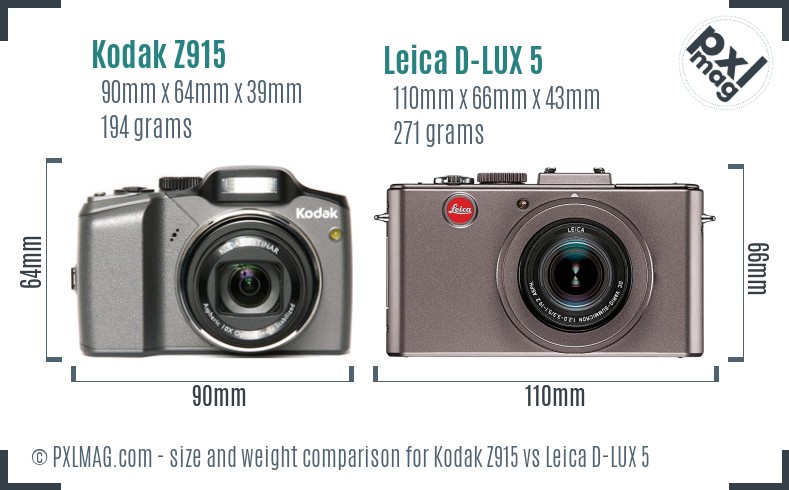 Kodak Z915 vs Leica D-LUX 5 size comparison