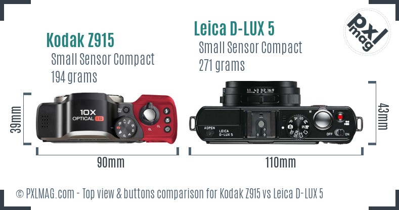 Kodak Z915 vs Leica D-LUX 5 top view buttons comparison
