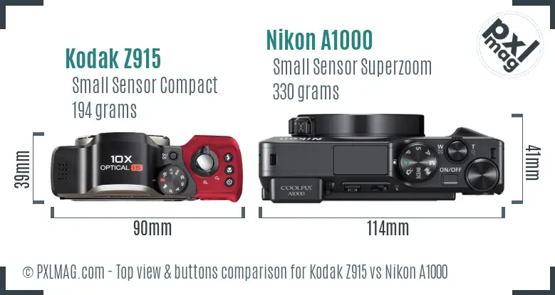 Kodak Z915 vs Nikon A1000 top view buttons comparison Kodak Z915 vs Nikon A1000 top view buttons comparison