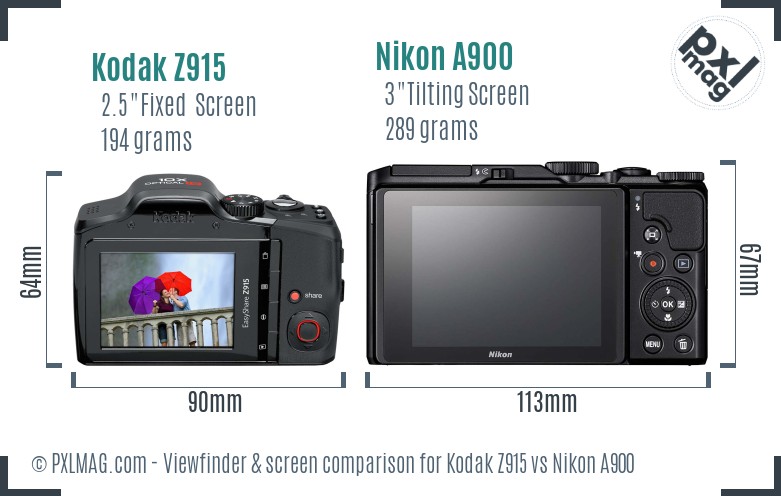 Kodak Z915 vs Nikon A900 Screen and Viewfinder comparison
