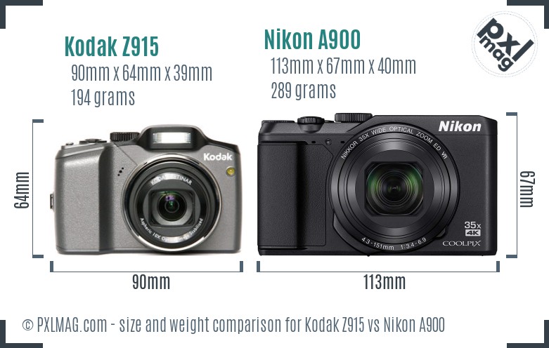 Kodak Z915 vs Nikon A900 size comparison