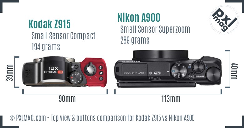 Kodak Z915 vs Nikon A900 top view buttons comparison