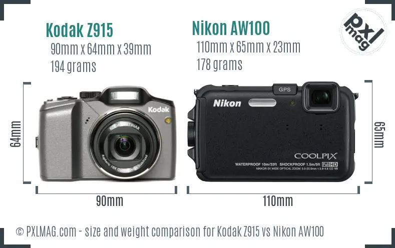 Kodak Z915 vs Nikon AW100 size comparison