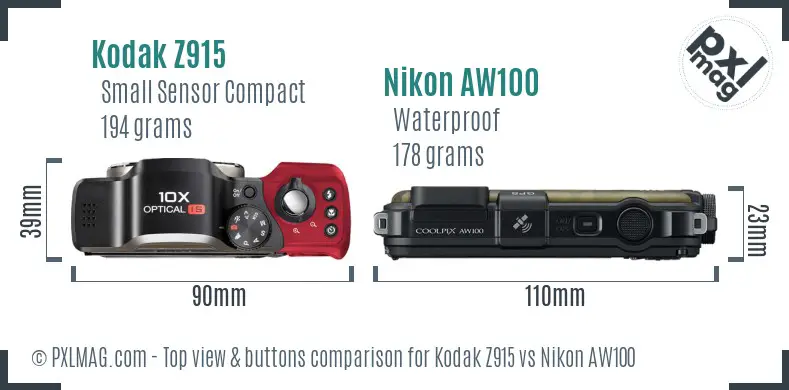 Kodak Z915 vs Nikon AW100 top view buttons comparison