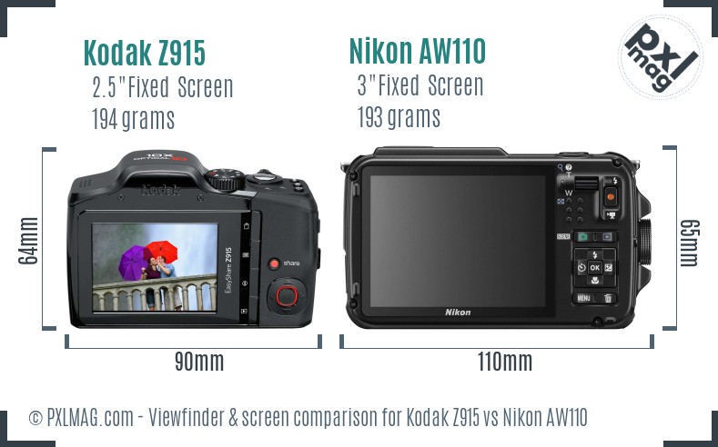Kodak Z915 vs Nikon AW110 Screen and Viewfinder comparison
