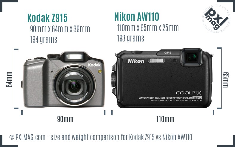 Kodak Z915 vs Nikon AW110 size comparison