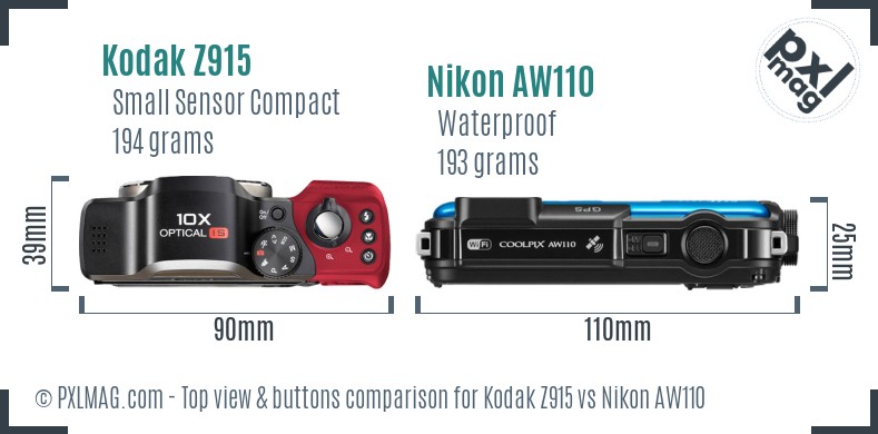 Kodak Z915 vs Nikon AW110 top view buttons comparison