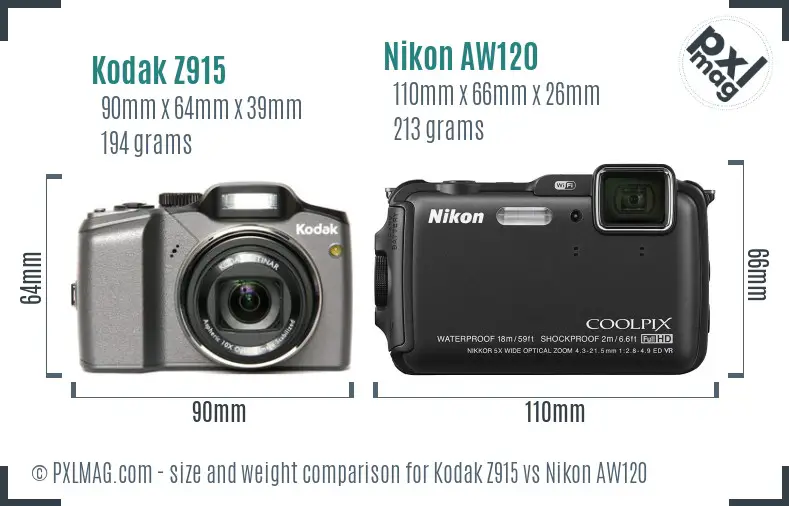 Kodak Z915 vs Nikon AW120 size comparison
