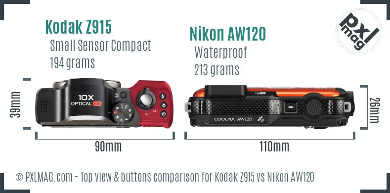 Kodak Z915 vs Nikon AW120 top view buttons comparison