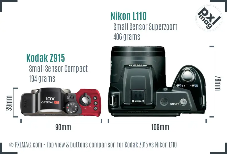Kodak Z915 vs Nikon L110 top view buttons comparison