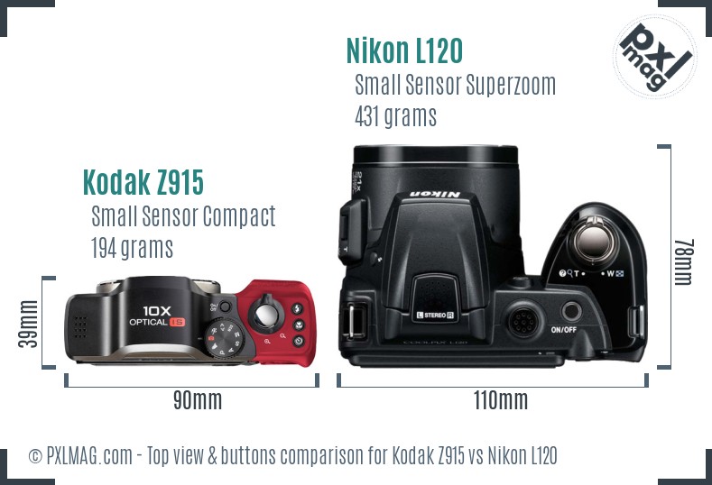 Kodak Z915 vs Nikon L120 top view buttons comparison