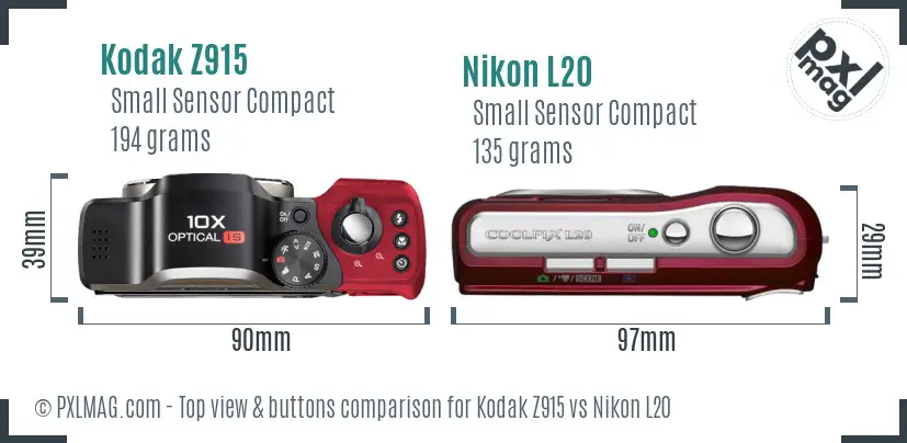 Kodak Z915 vs Nikon L20 top view buttons comparison