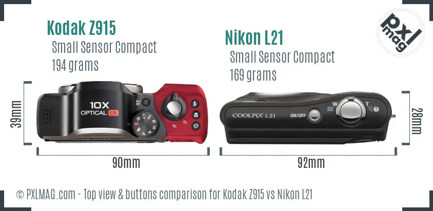 Kodak Z915 vs Nikon L21 top view buttons comparison