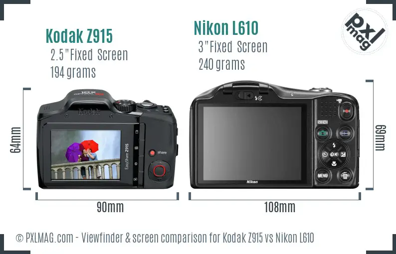 Kodak Z915 vs Nikon L610 Screen and Viewfinder comparison