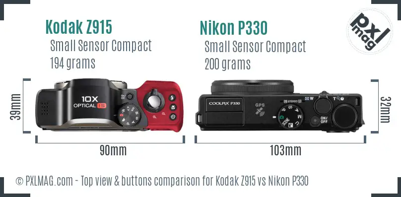 Kodak Z915 vs Nikon P330 top view buttons comparison