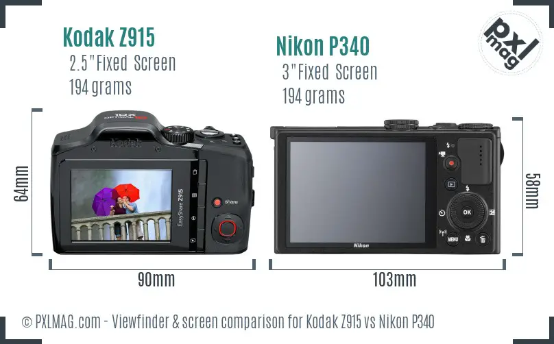 Kodak Z915 vs Nikon P340 Screen and Viewfinder comparison