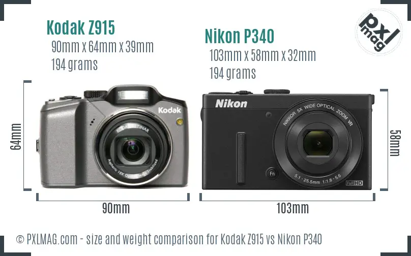 Kodak Z915 vs Nikon P340 size comparison