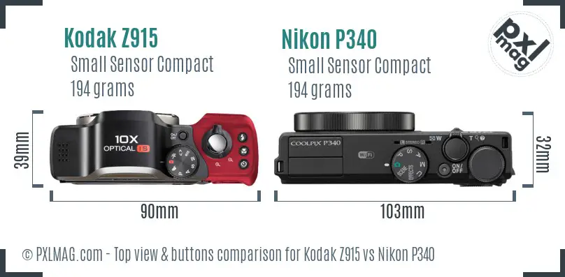 Kodak Z915 vs Nikon P340 top view buttons comparison