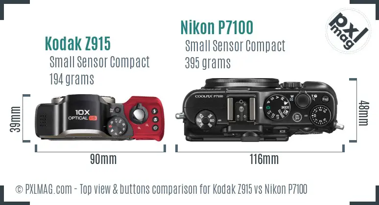 Kodak Z915 vs Nikon P7100 top view buttons comparison