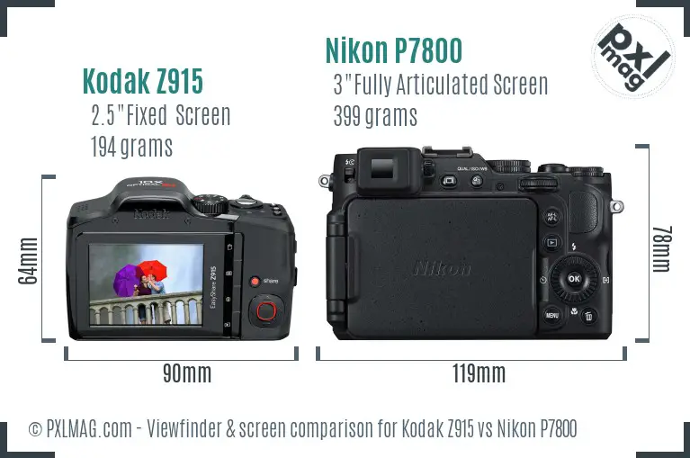 Kodak Z915 vs Nikon P7800 Screen and Viewfinder comparison