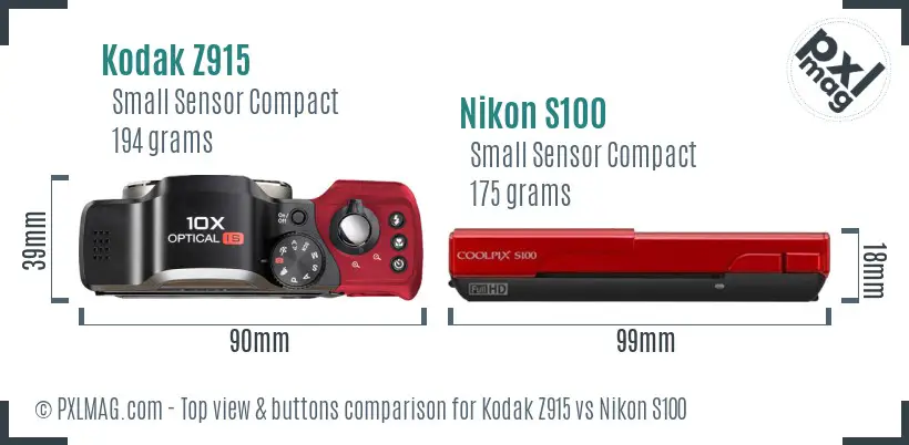 Kodak Z915 vs Nikon S100 top view buttons comparison Kodak Z915 vs Nikon S100 top view buttons comparison