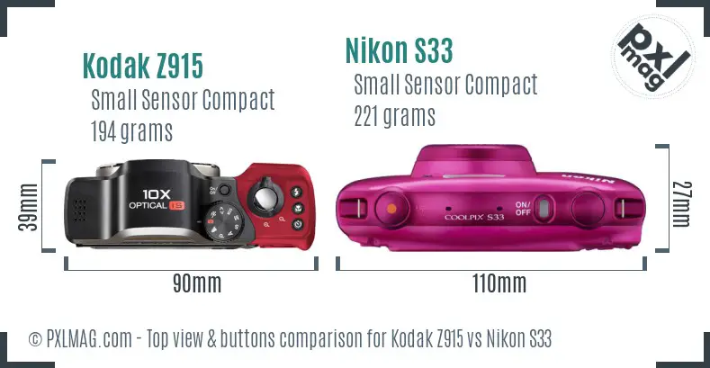 Kodak Z915 vs Nikon S33 top view buttons comparison