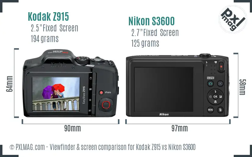 Kodak Z915 vs Nikon S3600 Screen and Viewfinder comparison