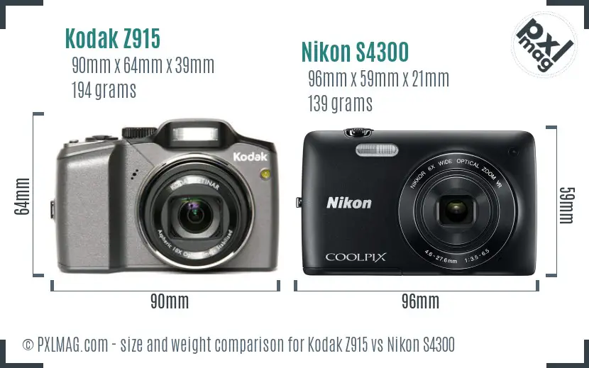 Kodak Z915 vs Nikon S4300 size comparison