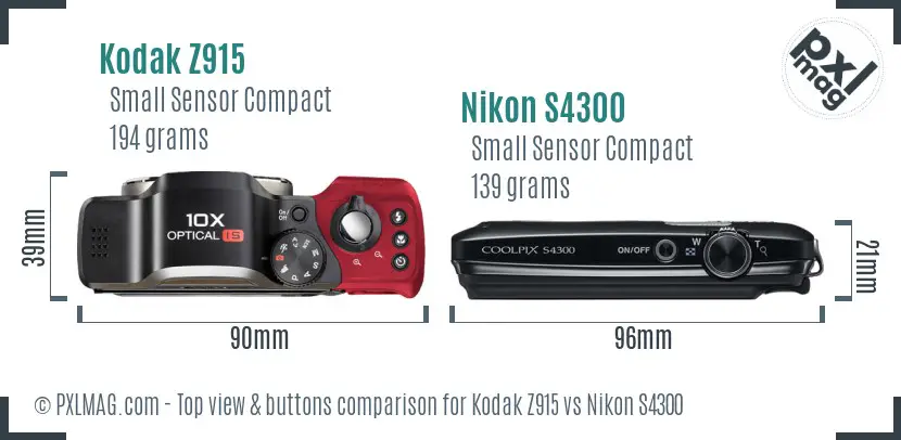 Kodak Z915 vs Nikon S4300 top view buttons comparison
