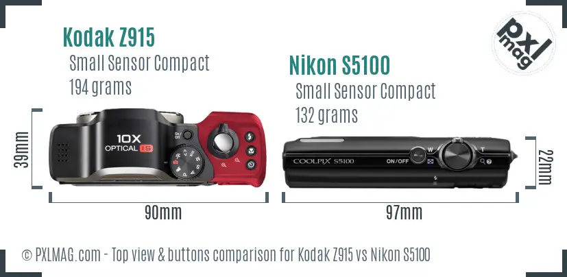Kodak Z915 vs Nikon S5100 top view buttons comparison Kodak Z915 vs Nikon S5100 top view buttons comparison