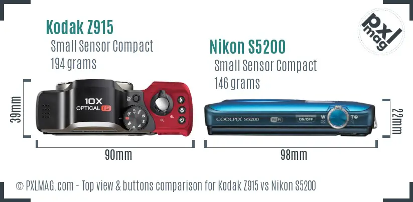 Kodak Z915 vs Nikon S5200 top view buttons comparison