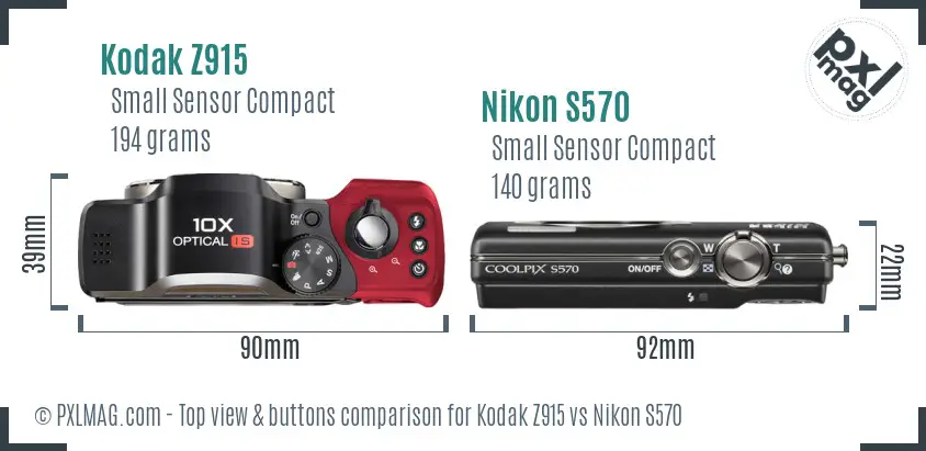 Kodak Z915 vs Nikon S570 top view buttons comparison